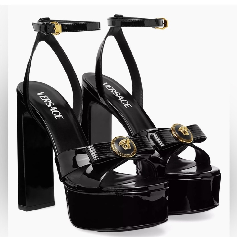 Versace Gianni Ribbon Platform Sandal Heels – Black/Gold – Size 10 – BRAND NEW